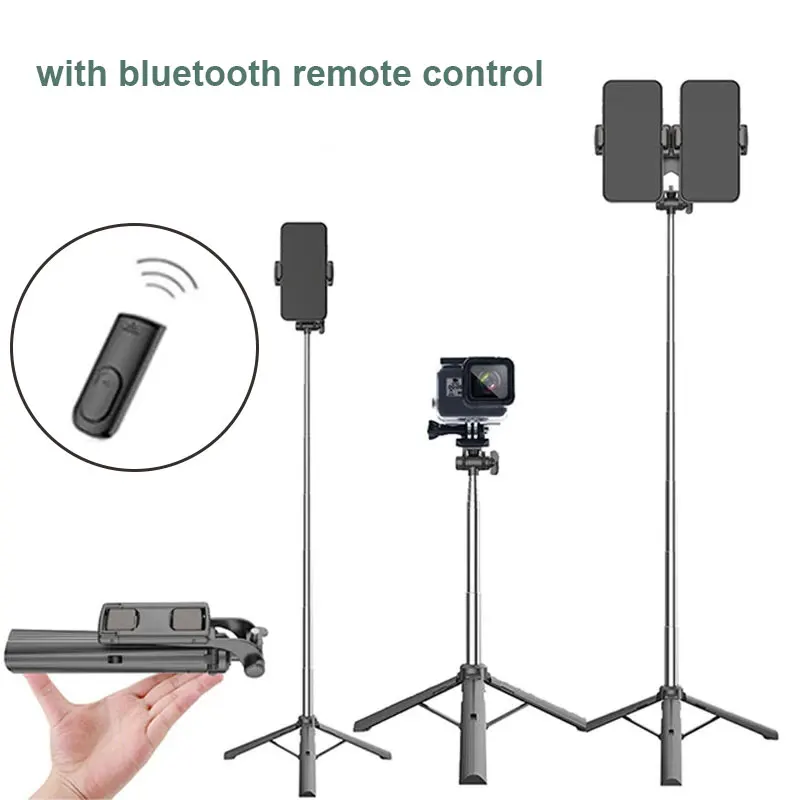

[with bluetooth Remote Cotrol] Selfie Stick Telescopic Rotatable Dual Holder Portable Tripod for Phone Tablet Live Broadcast