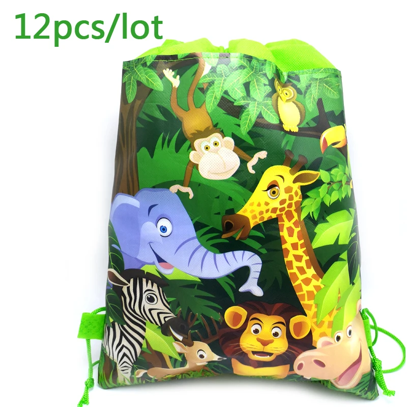 

Jungle Animal Theme Mochila Birthday Party Non-woven Fabrics Drawstring Gifts Bags Baby Shower Decoration Backpack 12pcs/lot