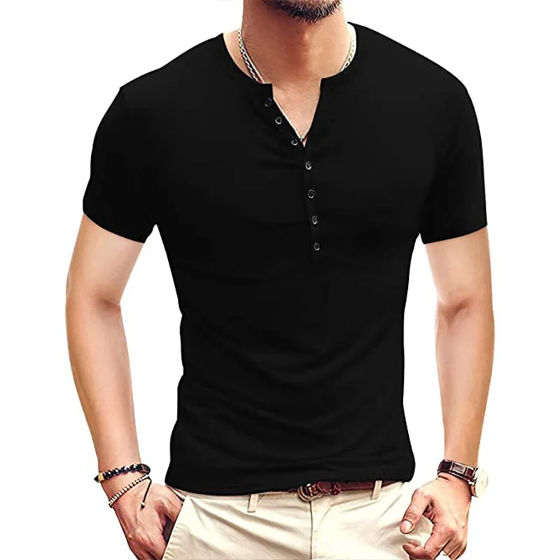 

2022 Spring and Summer New Men's T-shirt Fashion Henley Shirt Short-Sleeved Men's T-shirt Solid Color Top