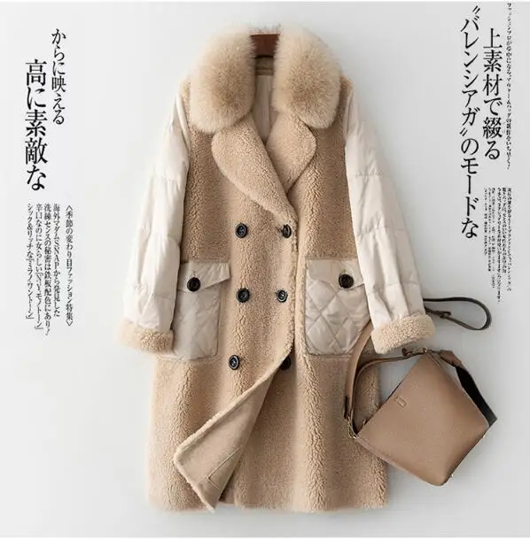 Real Fur Coat Female Wool Jacket Fox Fur Collar Sheep Shearling Autumn Winter Coat Women Clothes Korean Down Coat ZT4287