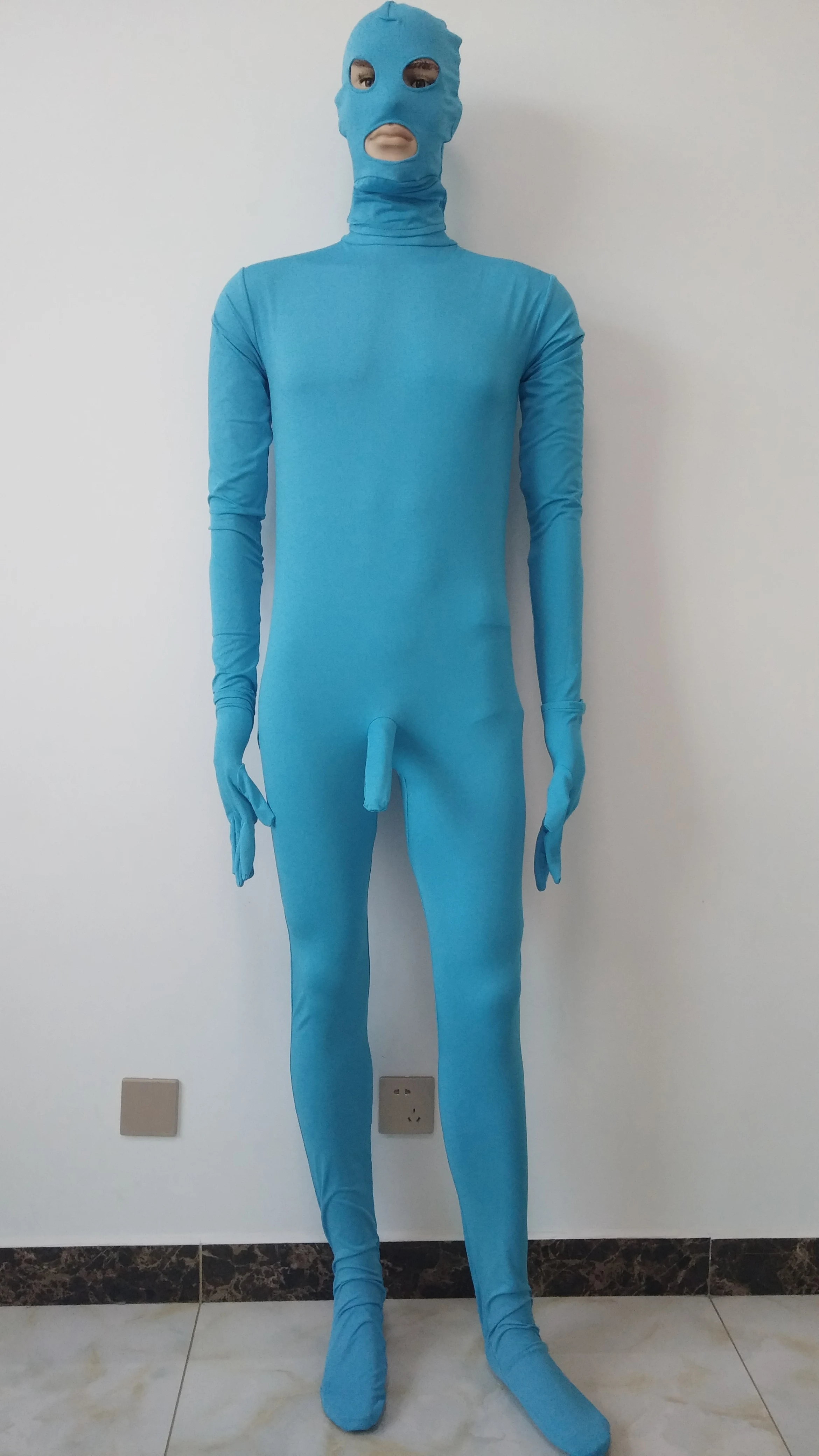 Новый соблазнительный мужской комбинезон кошка цвета озера синего из спандекса