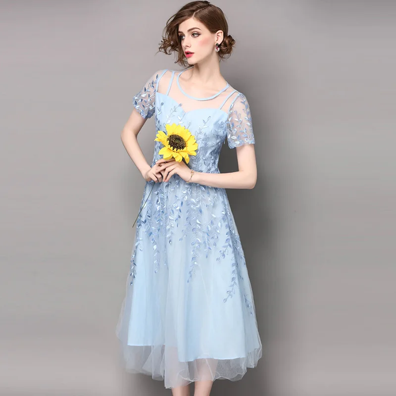 

Vintage Elegant Lace Dress Women Clothes Summer Mesh Embroidery Party Pink Dress Women Dresses Bridesmaid Vestidos MY2882
