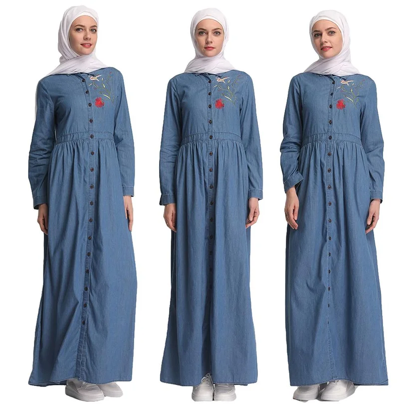 Для женщин джинсовые длинное платье Однобортный мусульманских открытый