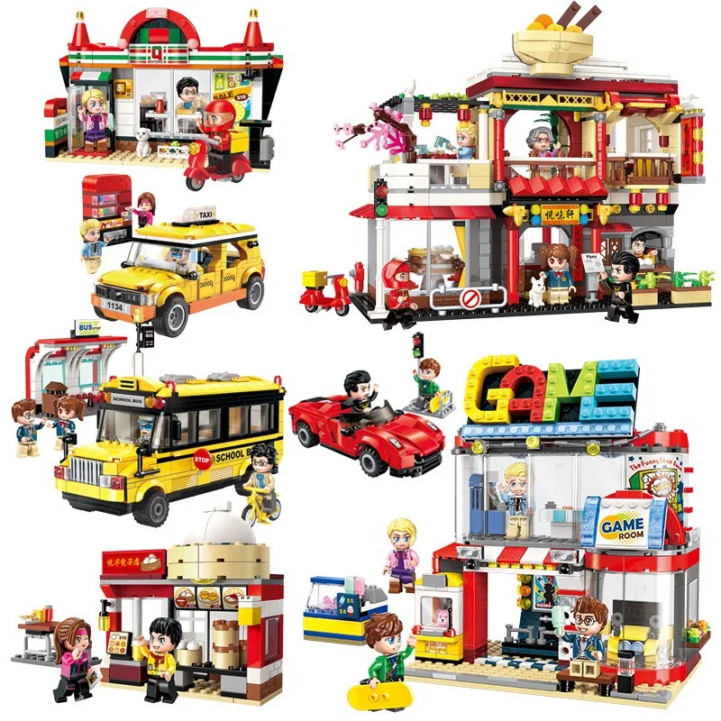 

Colorful City Street View Series Building Blocks Toy House Construction Bun Shop School Bus Bus Sightseeing Taxi Assembled Gifts