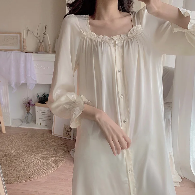 

Spring Summer Women Nightdress Sleepwear Princess Palace Style Nightgown Long Sleeve Ruffles Sleepshirt Loose Soft Home Wear