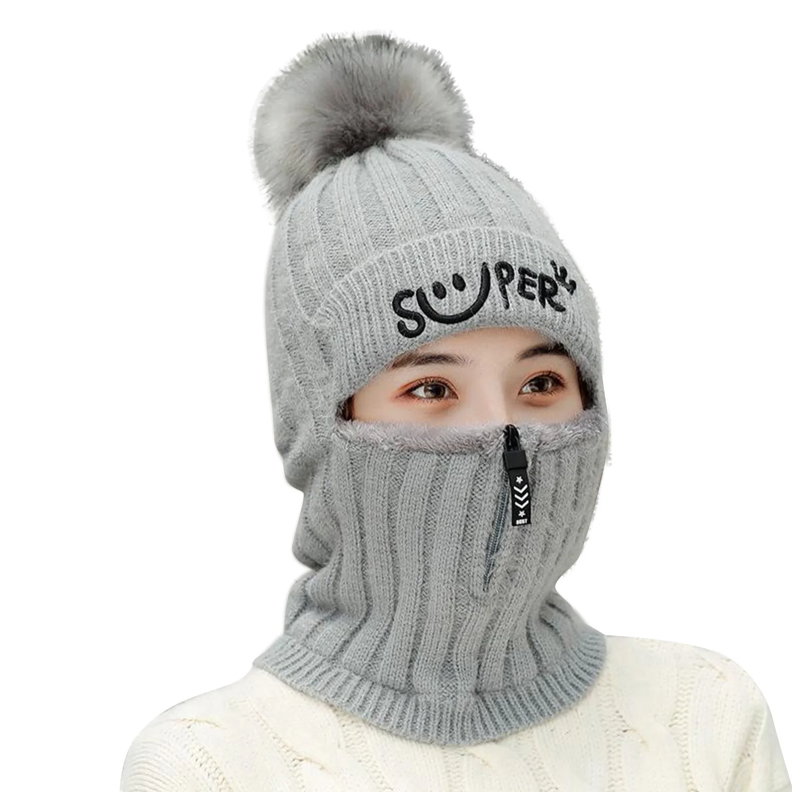 

New Wool Ball Plus Thick Knitted Hat Full Head Ear Neck Protection Warm Hat XD88