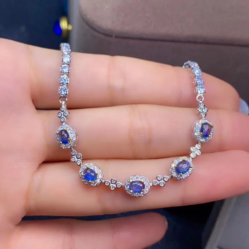 

Fashion clover round natural blue sapphire gem bangles natural gemstone Bracelet S925 silver girl office gift party jewelery