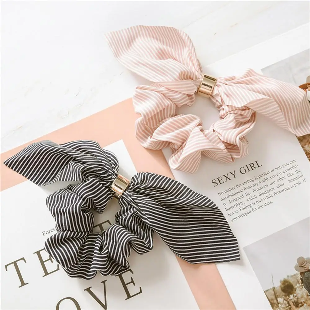 

Korea Cute Rabbit Ear Striped Metal Buckle Hair Scrunchies Elastic Hair Bands Ties Rope Bands Ponytail Bands Hair Accessories