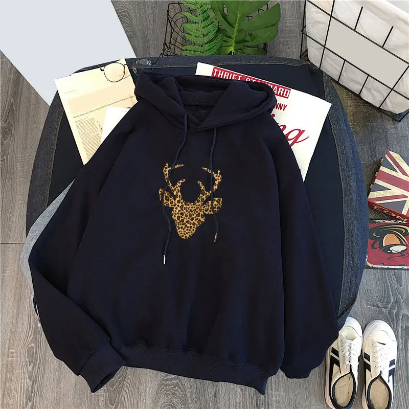 Elk Head-Black Зимняя бархатная Толстовка с принтом динозавра, Женская толстовка с капюшоном и длинным рукавом с героями мультфильмов, осень, Harajuku, Повседневная Женская толстовка - Цвет: Elk Head-Black