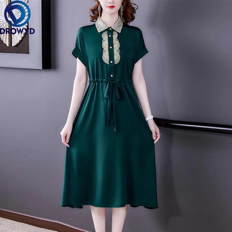

Fashion Green Waist Satin Short-sleeved Dress Female Summer 2021 New High-end Temperament Acetate Satin Midi Dress Party Vestido