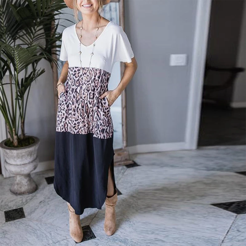 

MISSJOY Womens Casual Loose Short Sleeve V Neck Patchwork Leopard Print Boho Stitching Split Maxi Dresses With Pockets