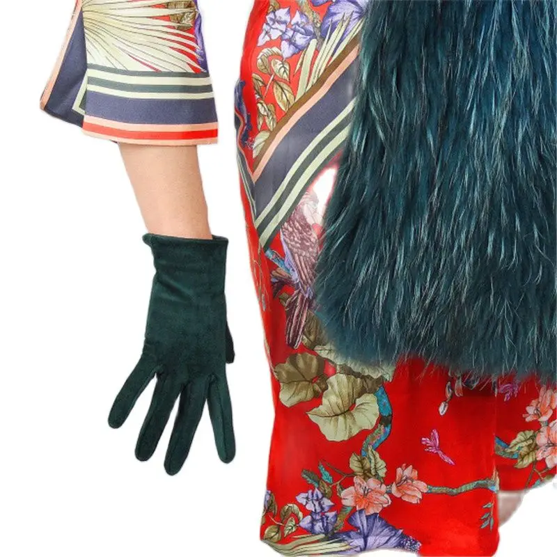 

Женские замшевые короткие перчатки, темно-зеленые, матовые, с искусственной кожей, 21 см, WJP30-21