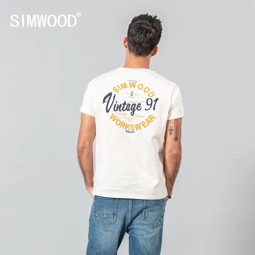 Мужская футболка SIMWOOD из 2021 хлопка дышащая с надписью на лето модель SJ120584 размера
