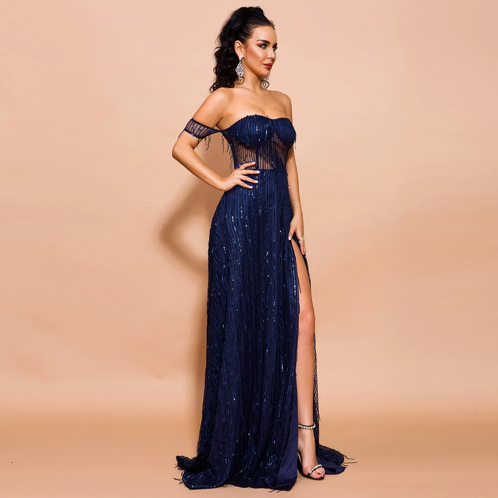 

2021 Spring Autumn Women Sexy Off Shoulder glitter Dresses Female High Split Maxi Elegant Backless Dress Sexy&Club Solid Empire