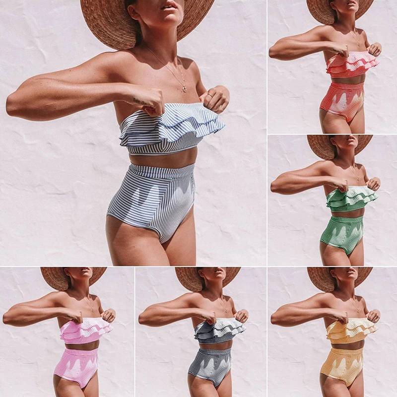 

2022 сексуальный купальник бикини с высокой талией, женский купальник с оборками, комплект бикини в полоску, купальный костюм-бандо с открытыми плечами, летняя пляжная одежда