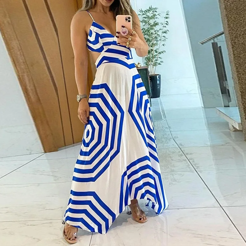 

Geometric Printing Sling Dress Women Sexy Open Back V-neck Hollow Blue Open Waist Temperament and Ankle Long Pullover Dress