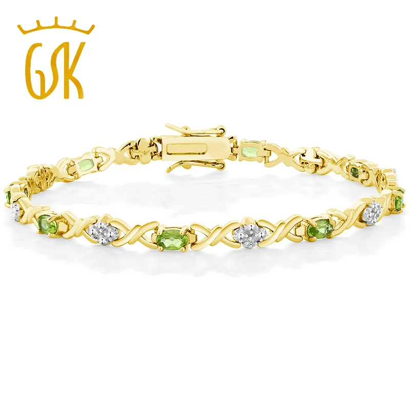 GemStoneKing натуральный 4,00 карат перидот с бриллиантовым акцентом 18 К позолоченный браслет из стерлингового серебра для женщин