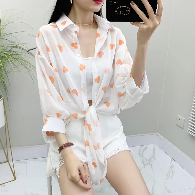 

#8257 Suncreen Printed Chiffon Shirt Women Sexy Transparent Shirt Batwing Sleeves Sexy Short Shirt Femme Loose Thin Sunscreen