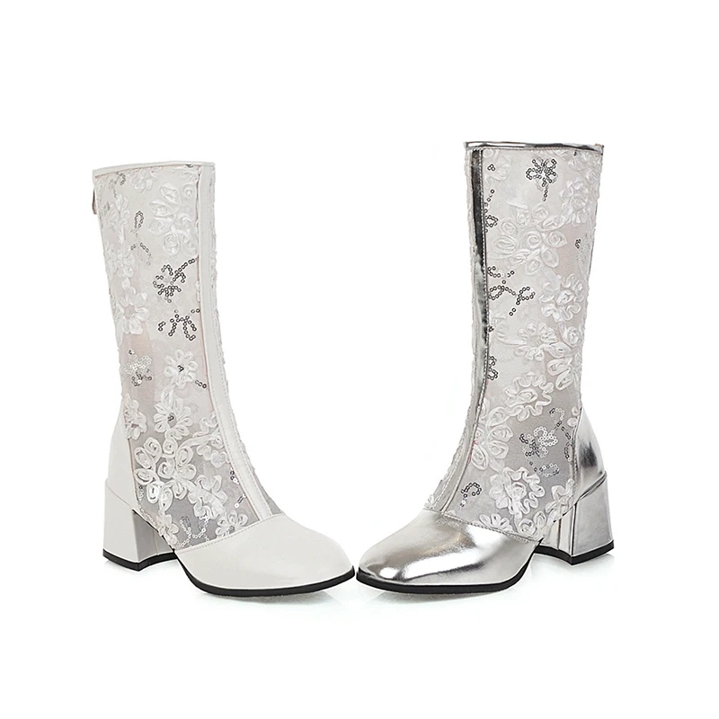 

WETKISS 2020 Summer Boots Mesh Embroider Women Boot Chunky Heel Shoes Woman High Heels Boot Mid Calf Ladies Shoes Dress