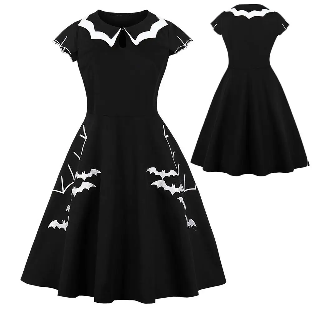 Панк Женщины Хэллоуин Летучая мышь вышивка короткий рукав полые рюшами воротник