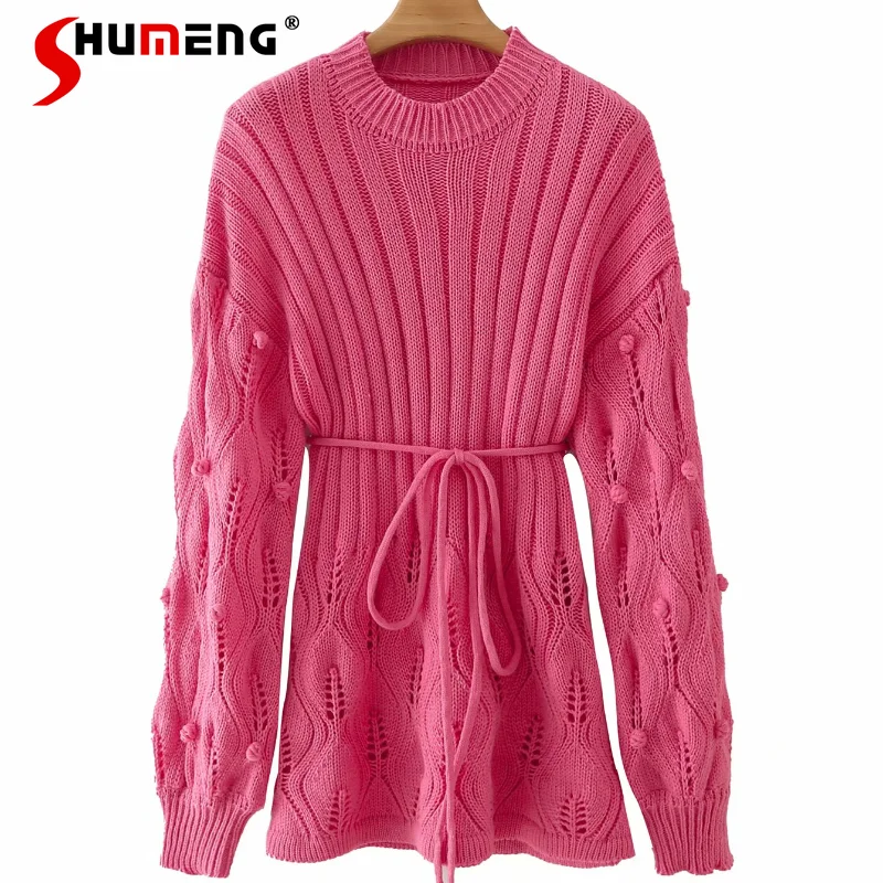 

Женское трикотажное платье-свитер средней длины, с длинным рукавом