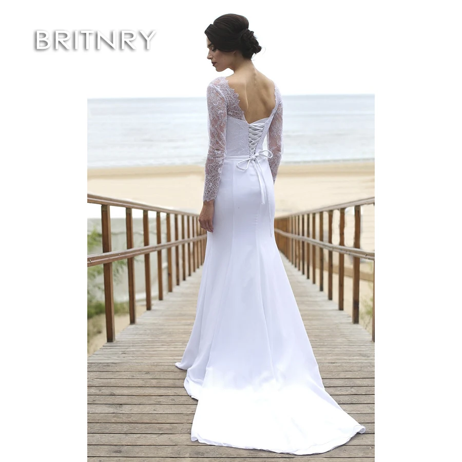 

BRITNRY Sexy Illusion Long Sleeves Vintage Lace Mermaid Wedding Dress Vestido De Novia Lace up Champagne Color Wedding Dresses