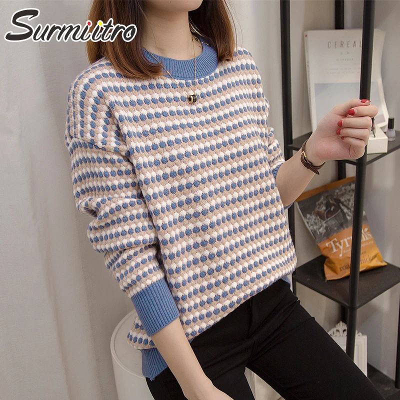 женский вязаный свитер с точками SURMIITRO синий желтый розовый и цвета джемпер