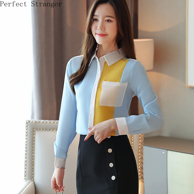 

2019 Autumn New Arrival Leisure Turn-down Collar Color Block Long Sleeve Woman Chiffon Blouse