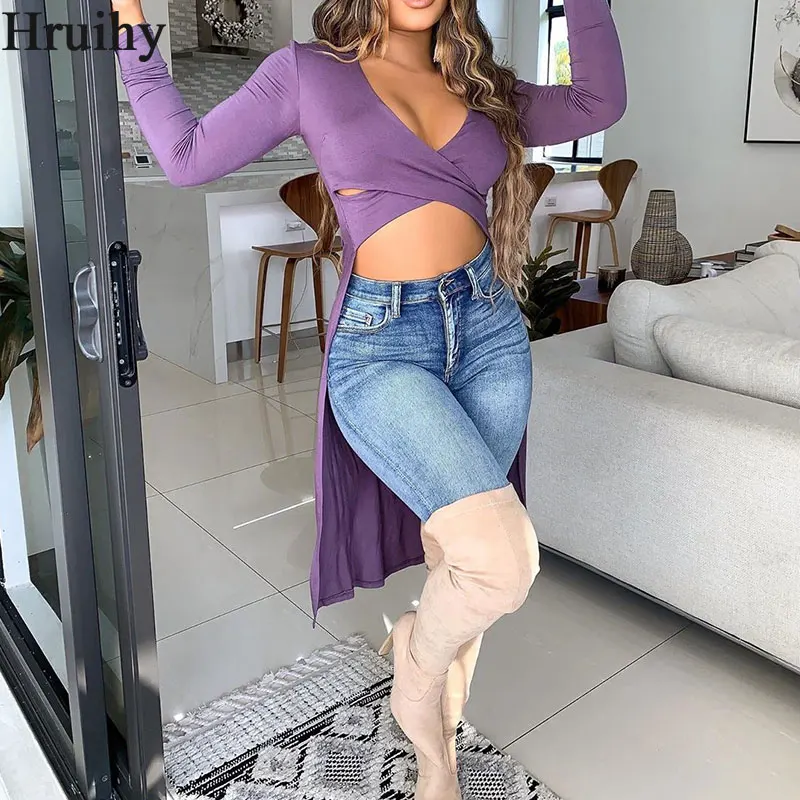 

Fashion New Woman Tshirts All Match Streetwear Skinny Solid Tops Hollow Out Cross V Neck Casual Long Sleeve Femme T-shirts