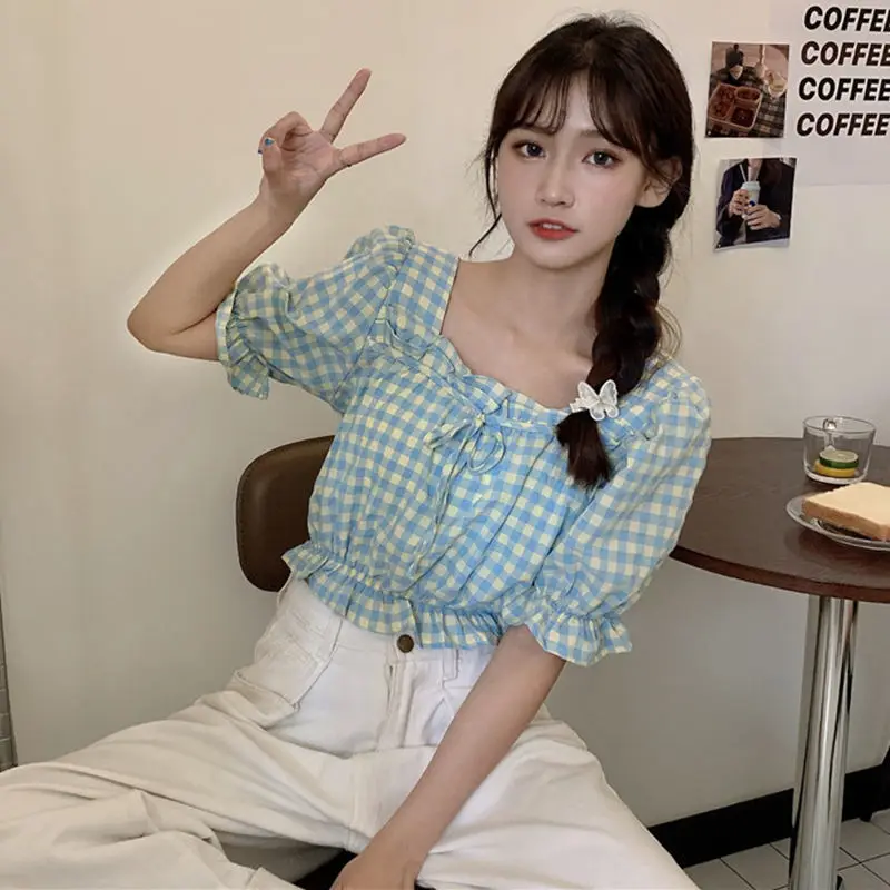 

Summer Harajuku Plaid Shirt Crop Top Women Vintage Blouse Puff sleeve Ruffle Top Femme 2021 Fashion woman tshirts goth plus size