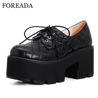 foreada women gothic shoes pu leather block high heels platform pumps round toe lace up buckle female footwear autumn white 43