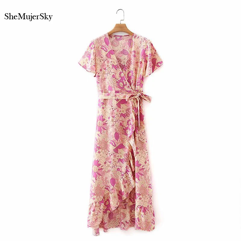 

SheMujerSky Women Bohemian V-neck Midi Dress Summer Short Sleeve Flower Print Wrap Dress 2021 Ruffles Irregular Hem Dresses