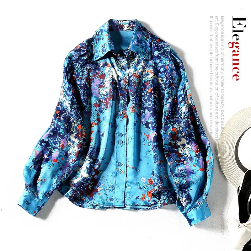 

Blue gradient silk New printed shirt women s spring polo collar loose mulberry silk top long sleeve European goods