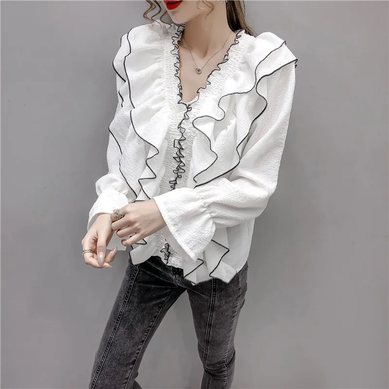 

Korean Spring Vintage Ruffles OL Pullover Blouses Sweet Women Sexy V-Neck Flare Long Sleeve Elegant Hit Color White Shirts Tops