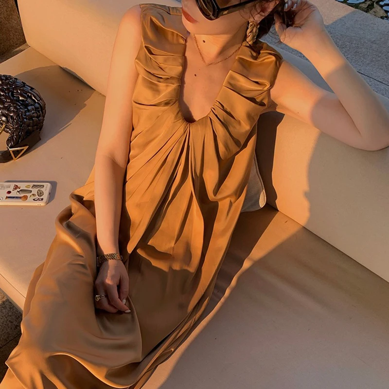 

Женское винтажное платье с рюшами, прямое ТРАПЕЦИЕВИДНОЕ мини-платье без рукавов с V-образным вырезом и высокой талией, лето 2021