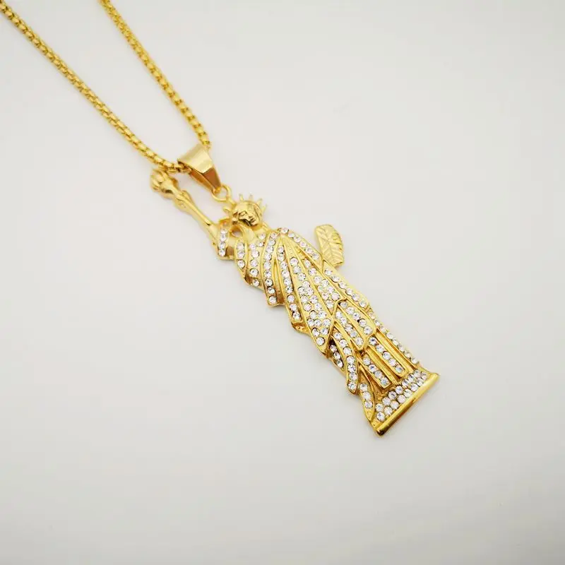 

2019 New Gold color full rhinestones American Statue of Liberty pendant necklace 316L stainless steel mens necklace