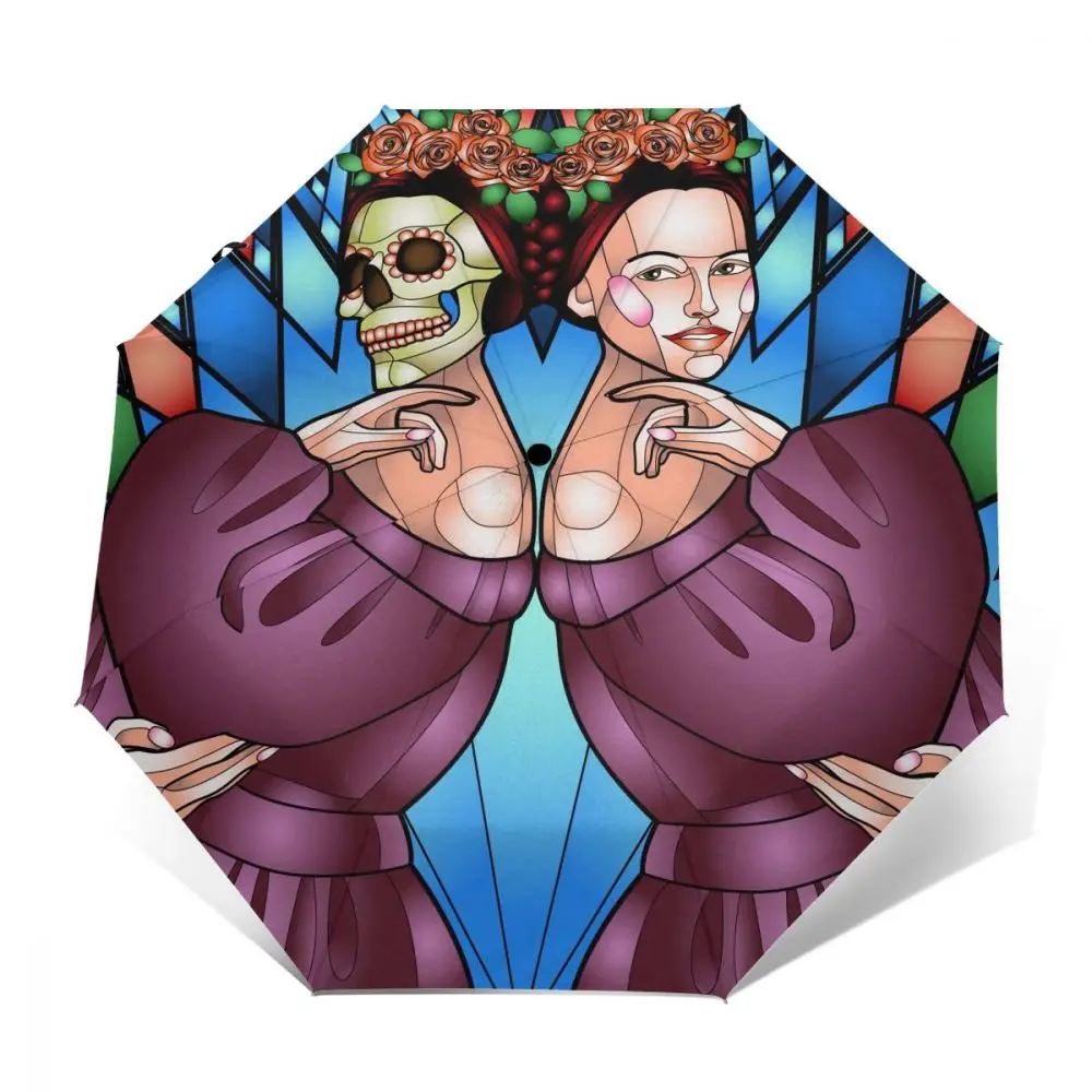 

Automatic Umbrella Rain Three-folding Day Of The Dead Stained Glass Skull Of Mexican Woman Windproof Umbrella Waterproof parasol