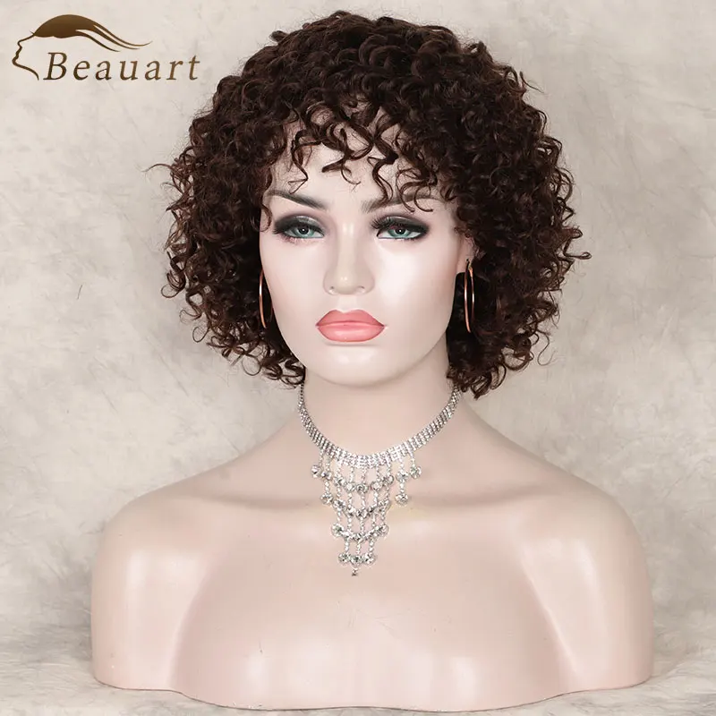 

Beauart Afro Curly 100% Human Hair None Lace Front Wig For Black Women 12" Natural Wave Curls Wig With Bangs Bob Cut Full Wigs