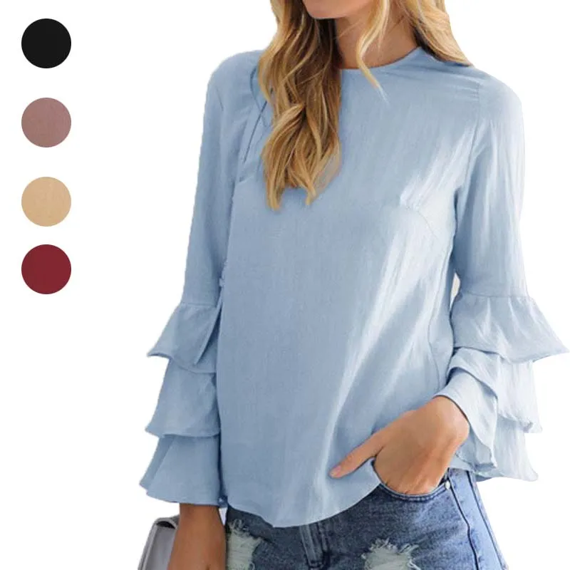 Модная женская элегантная блузка рубашка с круглым вырезом оборками и длинным