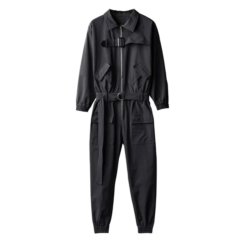 Autumn Overalls Men Jumpsuit Lapel Long Sleeve Zipper Beam Feet Loose Streetwear Fashion Clothing Cargo Pants Black Trousers