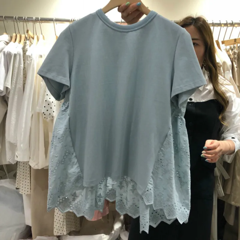 

Hollow Out Lace Patchwork T Shirts New O-Neck Short Sleeve Tees Korean Loose Ladies Tops 2020