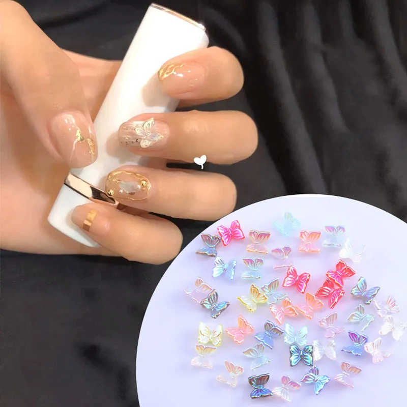 

50pcs 3D Aurora Butterfly Nail Decoration Mix Colors Resin Nail Art Decorations Summer Style Glitter Nail Accessories
