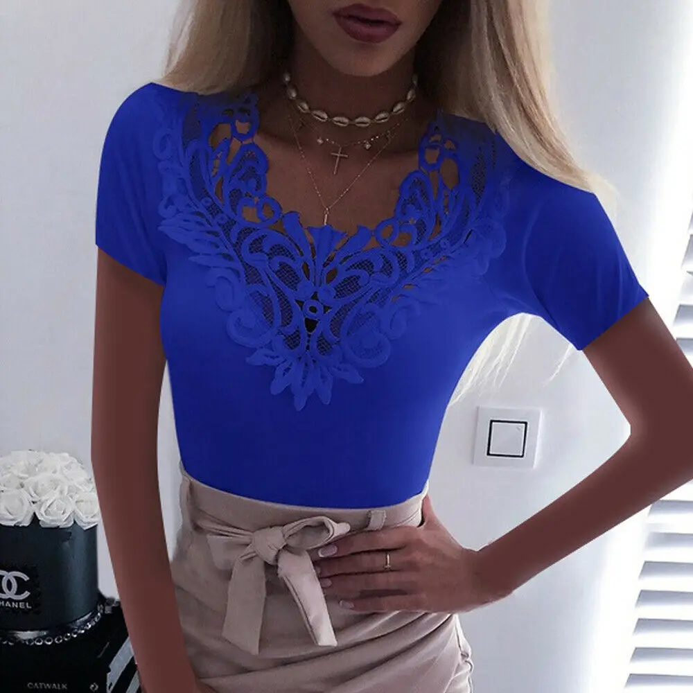 Женская Кружевная футболка с коротким рукавом V-образным вырезом | одежда