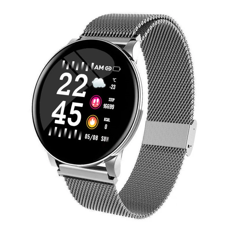 silver steel W8 спортивные Смарт-часы, браслет, круглые Bluetooth, водонепроницаемые мужские Смарт-часы для мужчин и женщин, фитнес-трекер, браслет на запястье для Android IOS - Цвет: silver steel