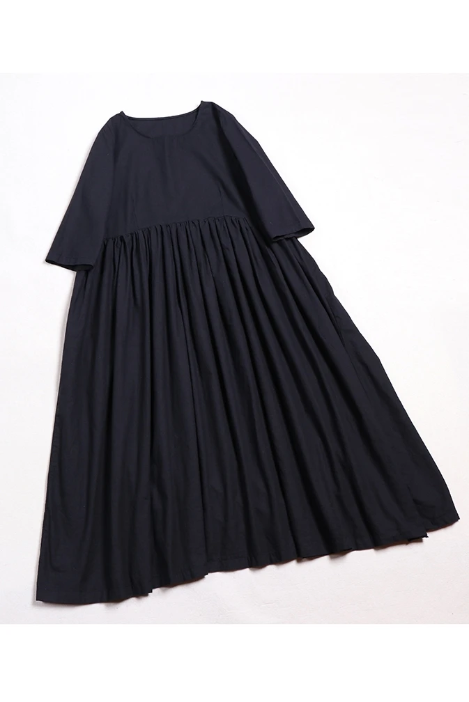 

Black Japanese Cotton Linen Dress Women Loose And Thin 7-Point Sleeves A-Line Big Long Dress