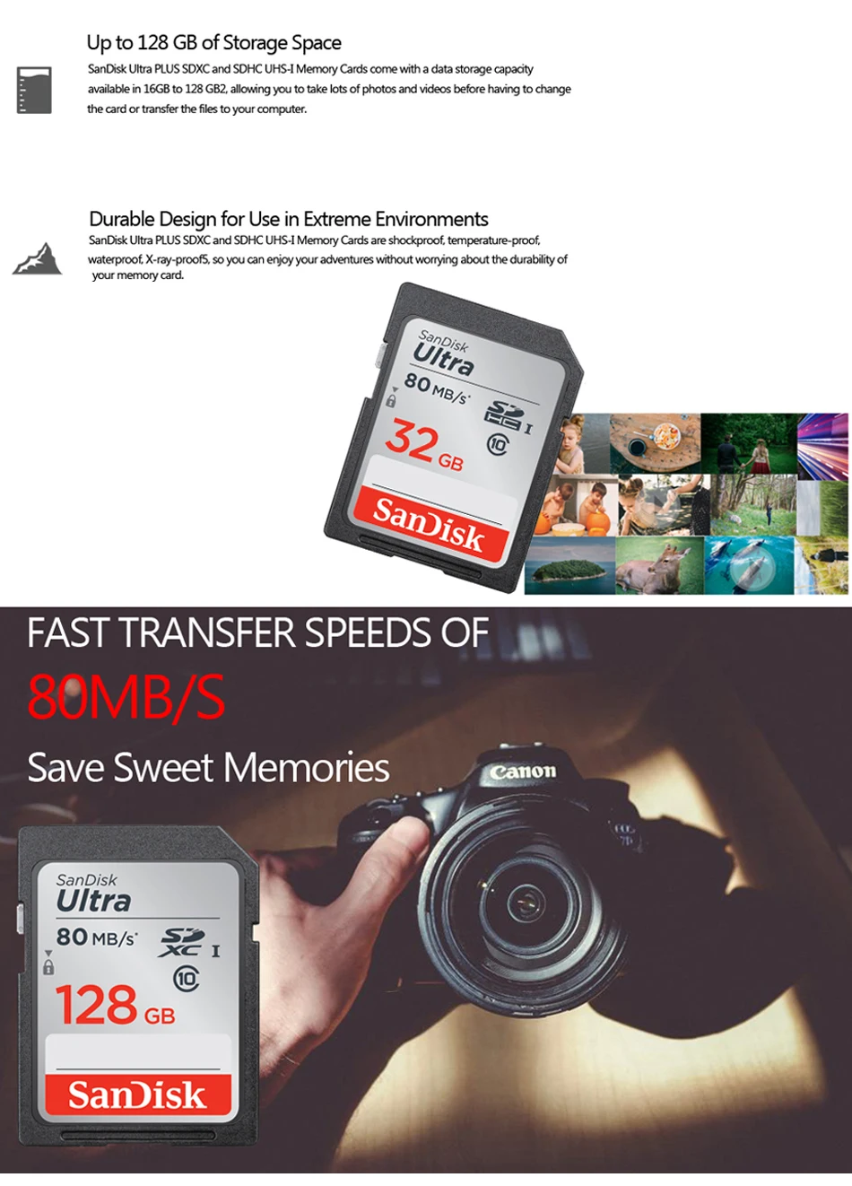 SanDisk, SD карта, 128 ГБ, 64 ГБ, 32 ГБ, 16 ГБ, microSDHC, SDXC, UHS-I, карта памяти, micro SD карта, TF карта, класс 10, U3, для камеры, SDUNC
