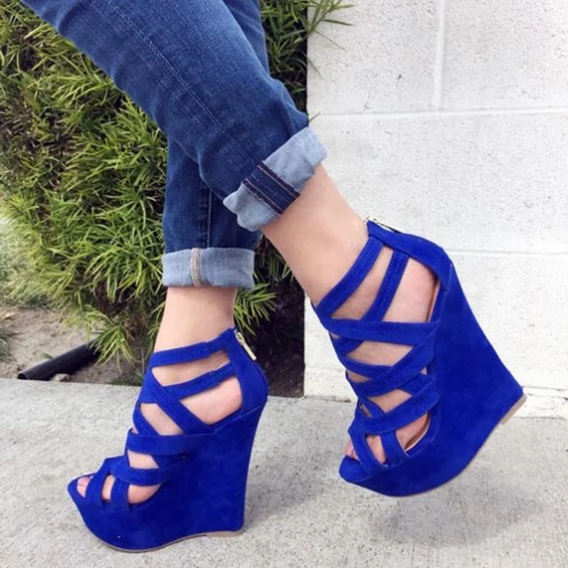 

Fashion Blue Suede Wedge Sandals Peep Toe High Platform Wedge Shoes Hollow Cutouts Back Zipper Cage Shoes Customized
