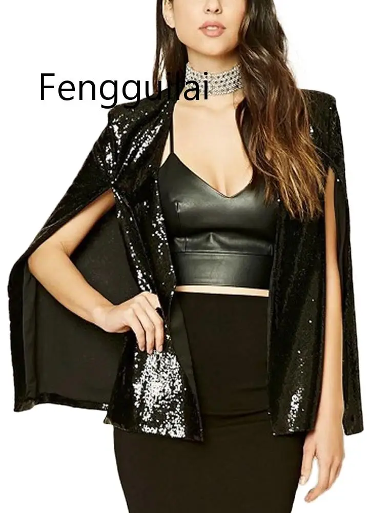 

Women Sequins Blazer Jackets Cape Cloak Open Front Split Poncho Cardigan Jacket Coat Female Casual Sequin Tops Outwear 2019