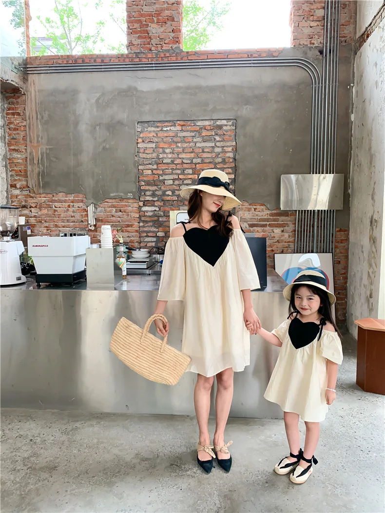 

New Korean style summer short sleeved A version loosen hit color heart pattern cool dresses Mom-daughter clothing