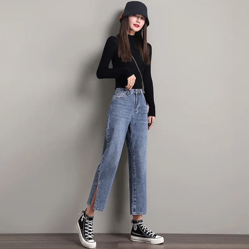 

Women's Denim Jeans Korea Side Split Cotton Jeans Straight Pants SIZE 26~32